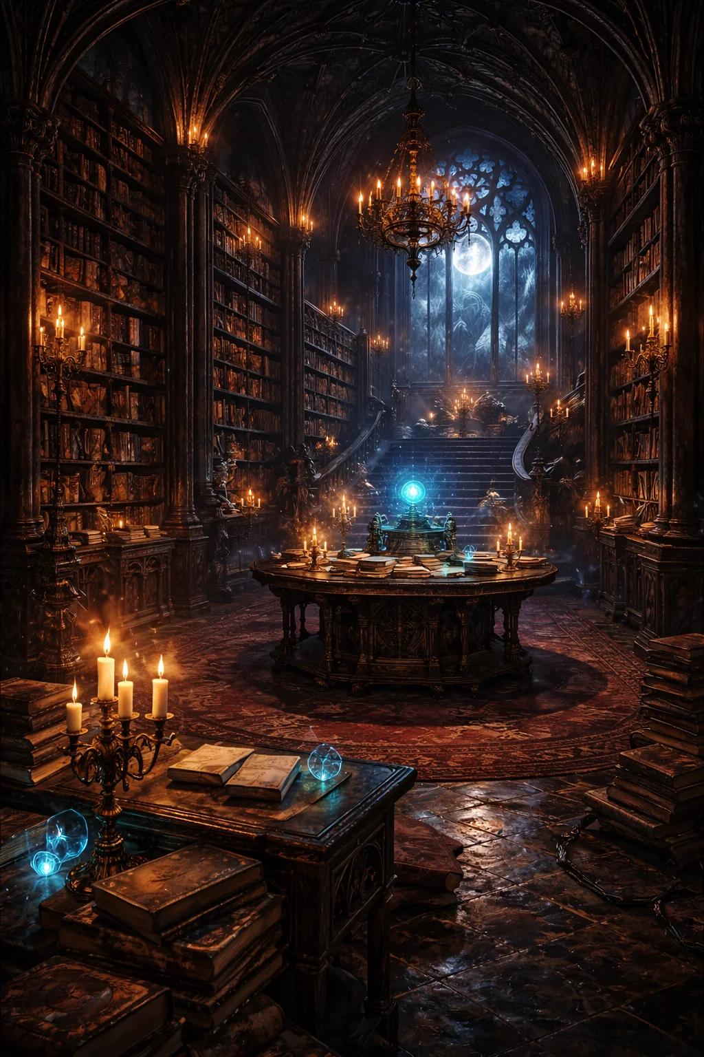 Magical forbidden library with glowing books